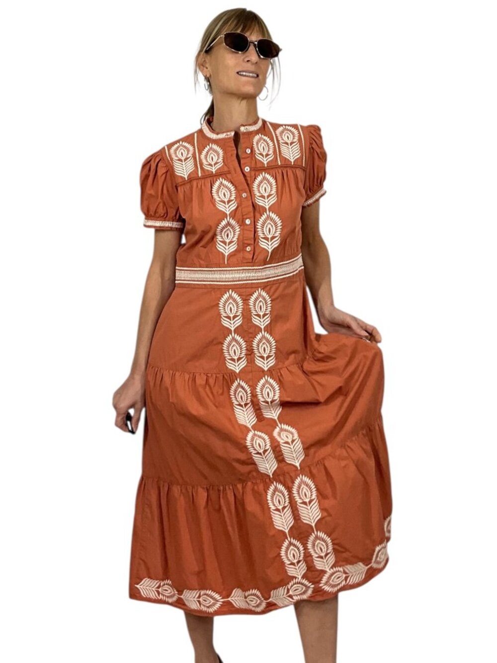 Bohme Siya Embroidered Dress S Orange Short Sleeve Midi Cottagecore - Picture 2 of 16
